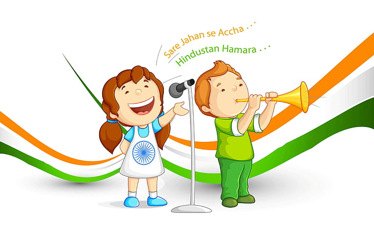 Independence Day Cartoon, boy playing horn and girl singing digital wallpaper