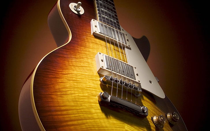 brown and yellow electric guitar, Gibson, string instrument, musical instrument, HD wallpaper