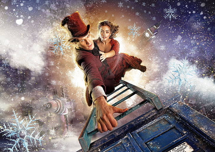 man and woman climbing stairs digital wallpaper, winter, Christmas