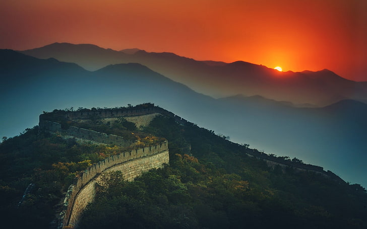 nature, landscape, Great Wall of China, sunset, mountains, mist