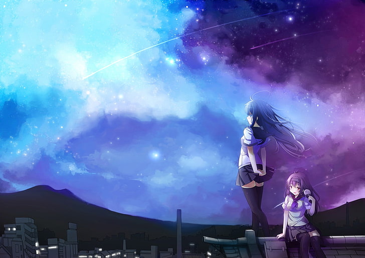 fox girl, anime girls, sky, star - space, astronomy, night