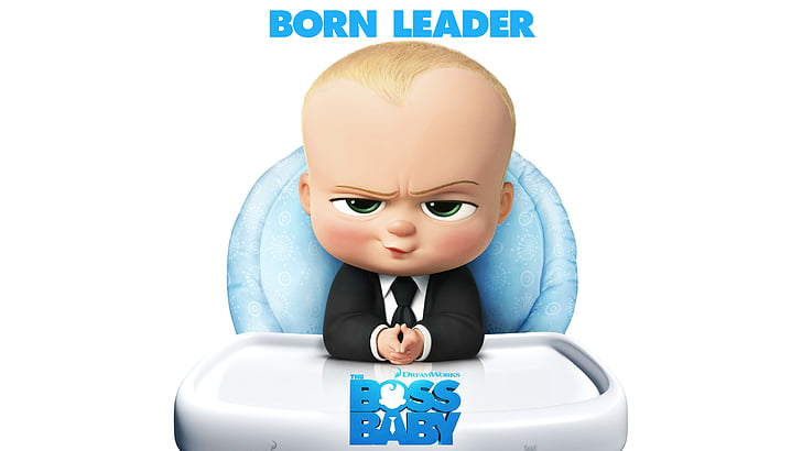 animated illustration of baby on high chair with Born Leader Boss Baby texts, HD wallpaper
