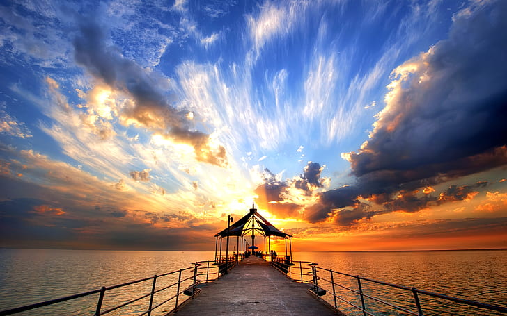 Pier, Sea, Sunset, Sky, Photography, beige dock, HD wallpaper