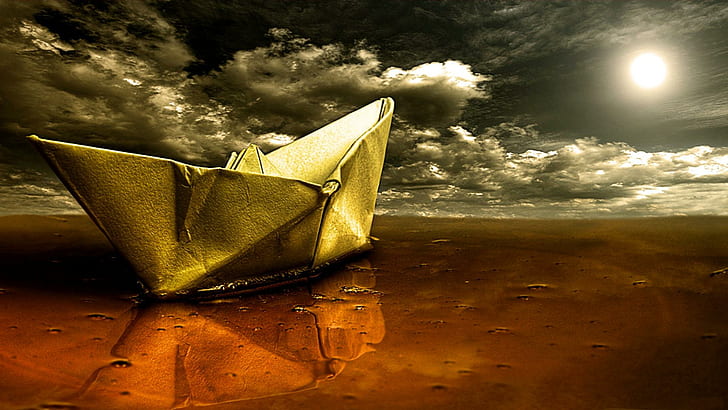 Paper Boat, paper boat illustration, water, nature, moon, 3d and abstract