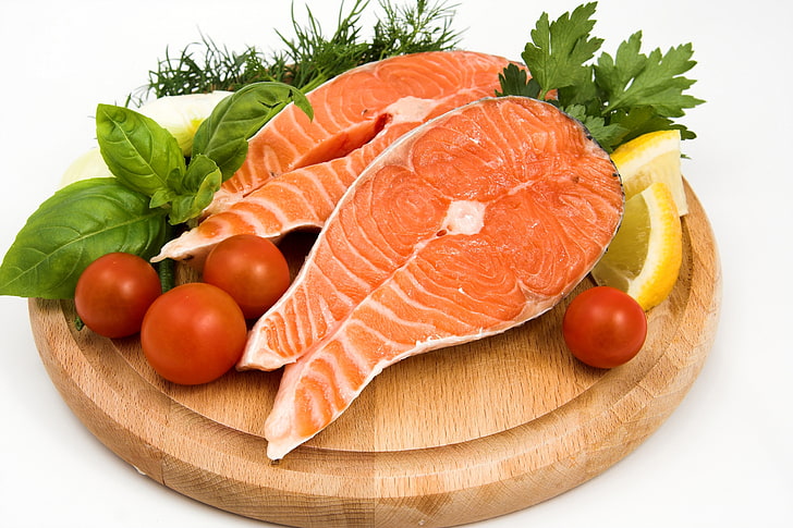 fish meat, steak, vegetables, board, food, seafood, salmon, fillet, HD wallpaper