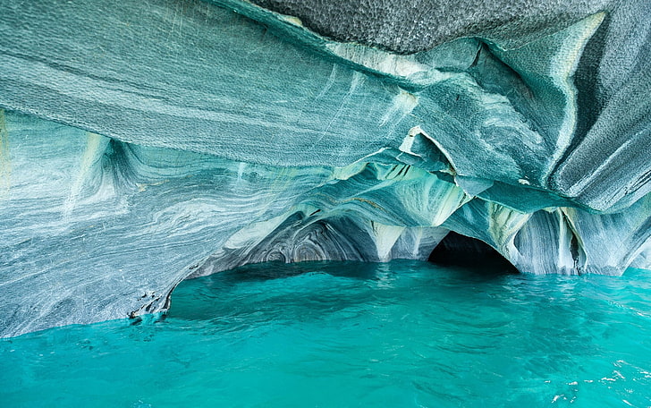 blue and white rock cave, landscape, nature, Chile, lake, erosion