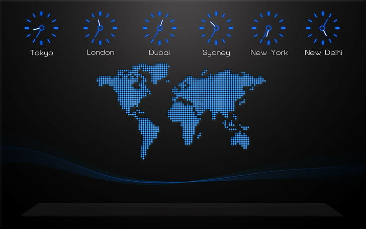 black background, world map, time zones, digital art, clocks