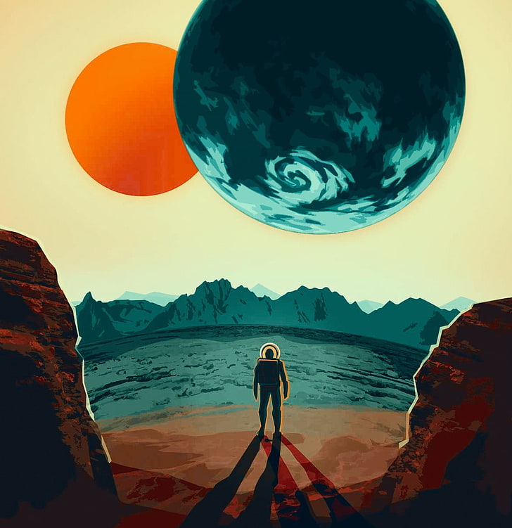 person standing near seashore illustration, science fiction, mountain