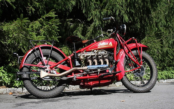 red cruiser motorcycle, Indian 4, vintage, vehicle, transportation, HD wallpaper