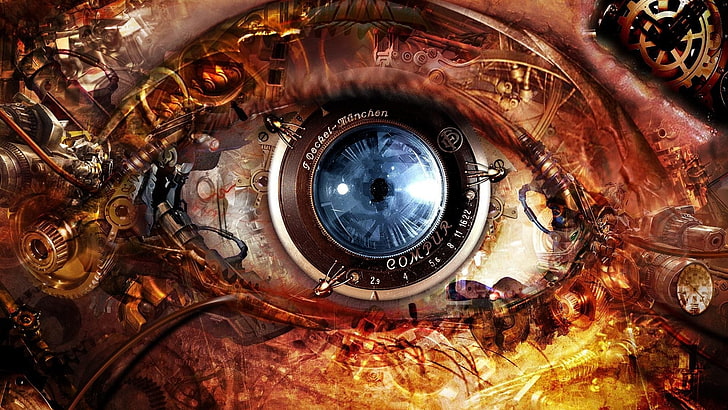 abstract, cameras, clocks, cyberpunk, eyes, futuristic, gears