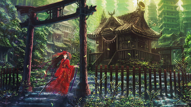 anime girls, shrine maidens, Asia, fantasy city, fantasy art