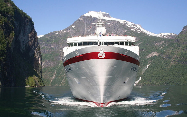 white and red dome tent, cruise ship, mountains, vehicle, water