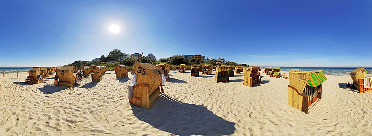 panorama photography brown wooden stall on beach, land, sand, HD wallpaper
