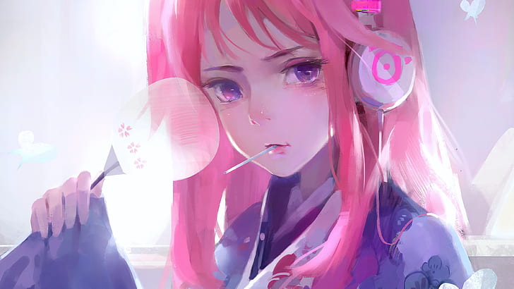 anime, anime girls, pink hair, purple eyes, headphones