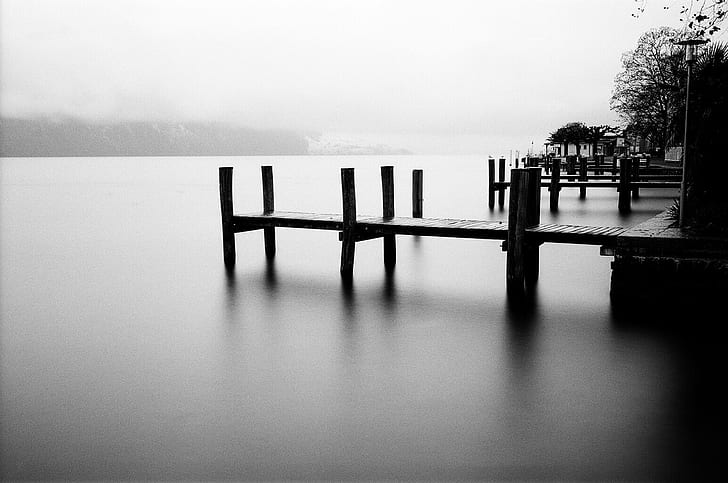 gray-scale photo of wooden dock, weggis, ilford, weggis, ilford