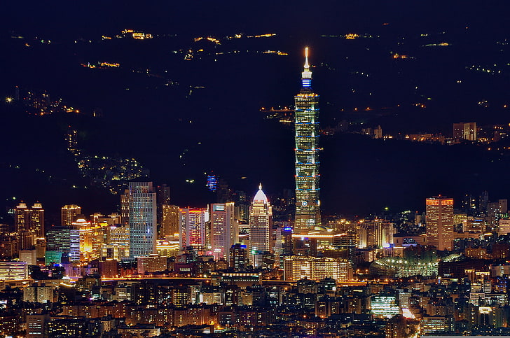 high-rise buildings, China, panorama, Taiwan, night city, Taipei, HD wallpaper