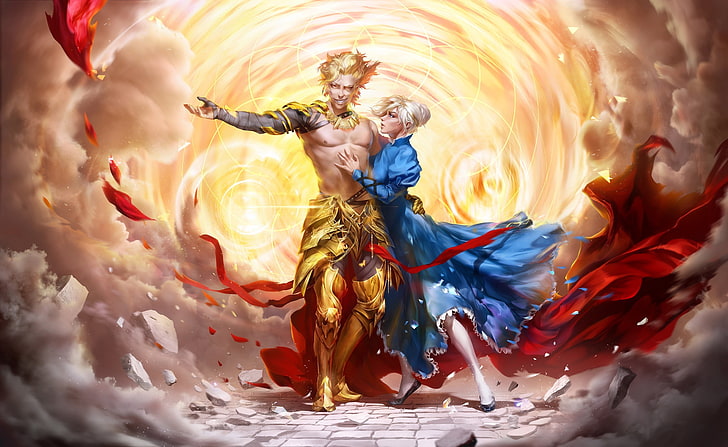 man and woman painting, Fate/Stay Night, Gilgamesh, Saber, women