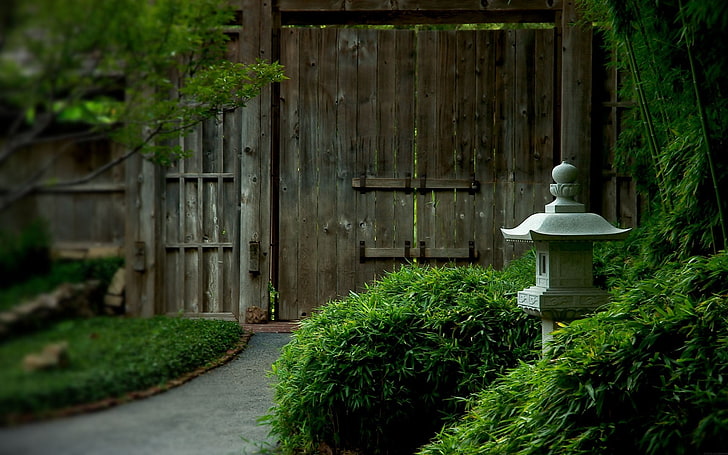 brown wooden gate, Japan, Asian architecture, gates, plant, green color