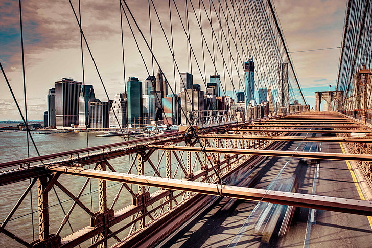 Brooklyn Bridge, car, water, city, New York City, USA, architecture, HD wallpaper