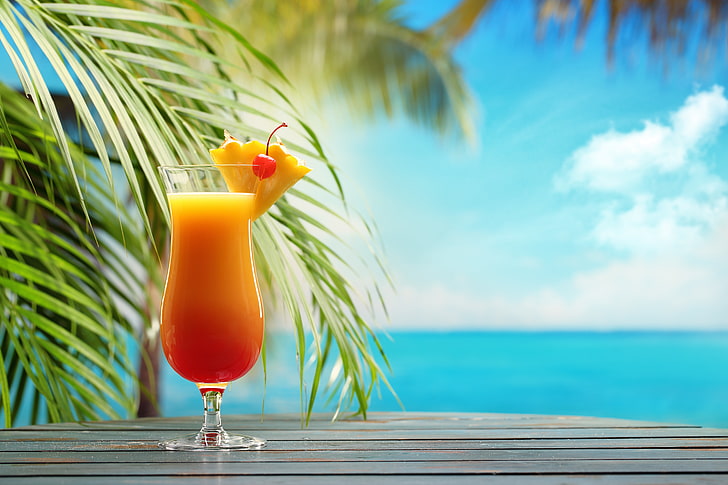 clear short-stem drinking glass, sea, beach, cocktail, summer, HD wallpaper