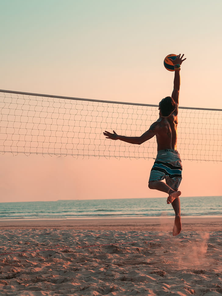 volleyball, beach ball, sport, men, shirtless, HD wallpaper