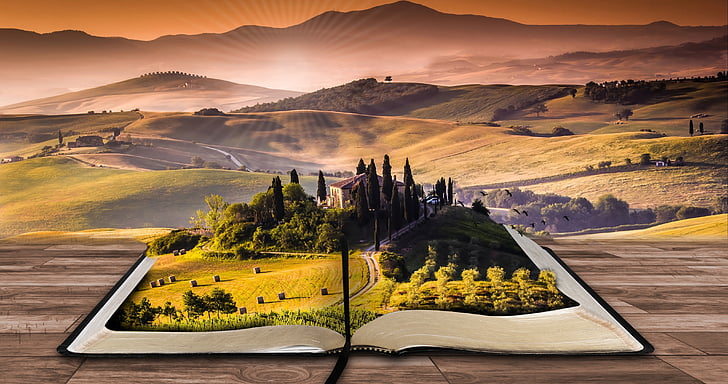 HD wallpaper: open book with grass fields and tall trees 3D wallpaper,  Landscape | Wallpaper Flare