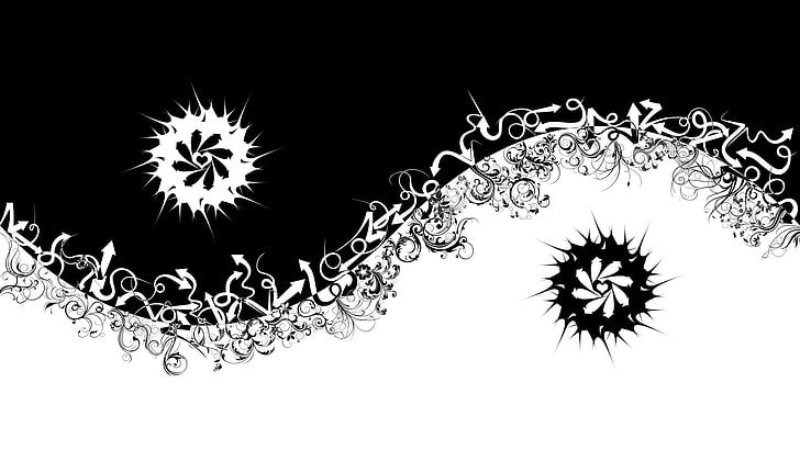 white and black floral wallpaper, abstraction, arrow, Yin, Yang, HD wallpaper