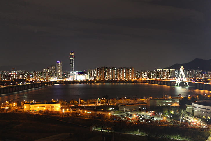 high angle photography of high-rise building during night time, hangang, hangang, HD wallpaper