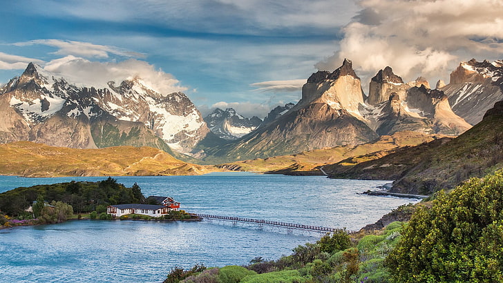 brown mountains, landscape, water, sky, torres del paine national park