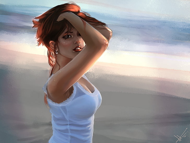 artwork, women, redhead, white tops, one person, young adult, HD wallpaper