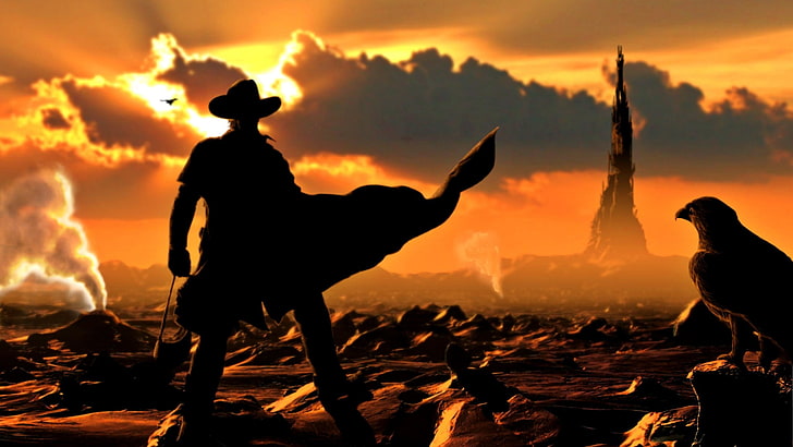 cowboy with crow and rock tower digital wallpaper, The Dark Tower, HD wallpaper