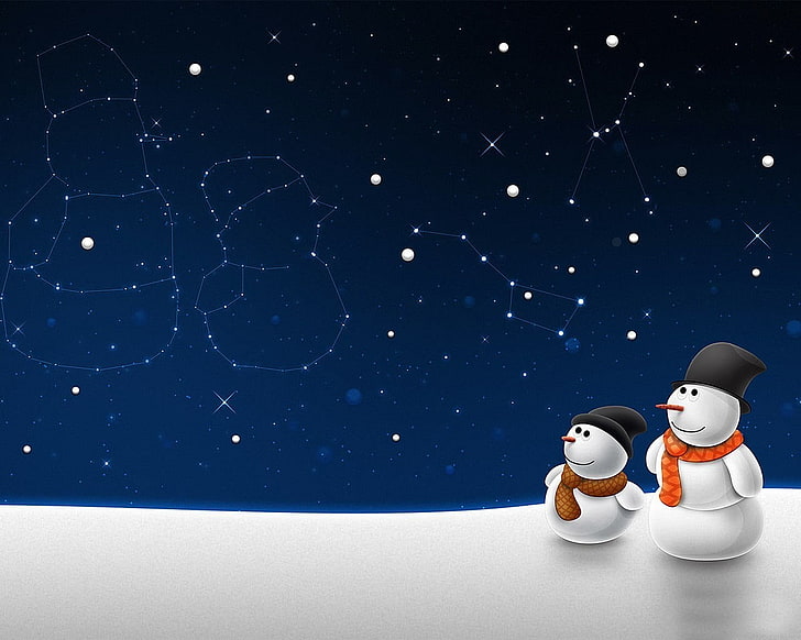 two snowman under starry sky illustration, Christmas, no people
