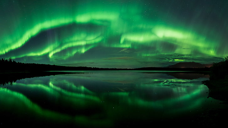 Northern Lights, Panorama, 4K, Beach Lake, Aurora, Alaska, reflection, HD wallpaper