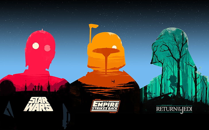 three assorted Star Wars illustration, Olly Moss, movies, Trilogy, HD wallpaper