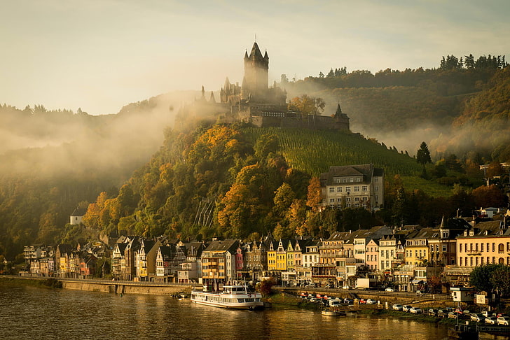 white cruise ship, germany, cochem, mosel, river, castle, water, HD wallpaper