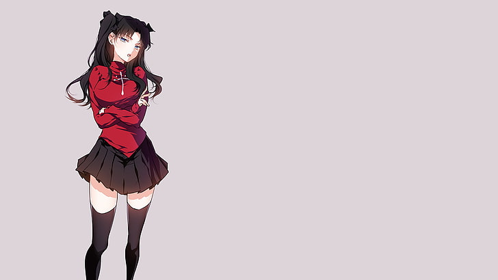 Tohsaka Rin, skirt, black hair, twintails, thigh-highs, anime