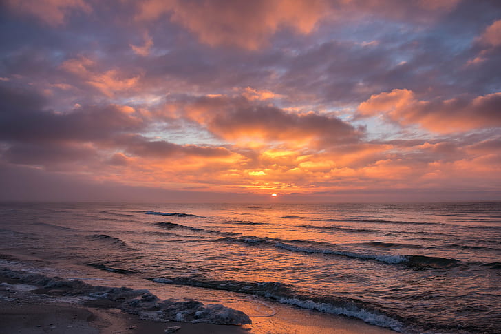 ocean horizon during sunset in landscape photography, Sunrise, HD wallpaper