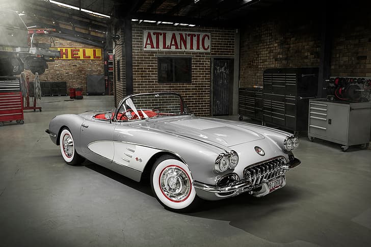 light, garage, Corvette, Chevrolet, 1958, 1950s