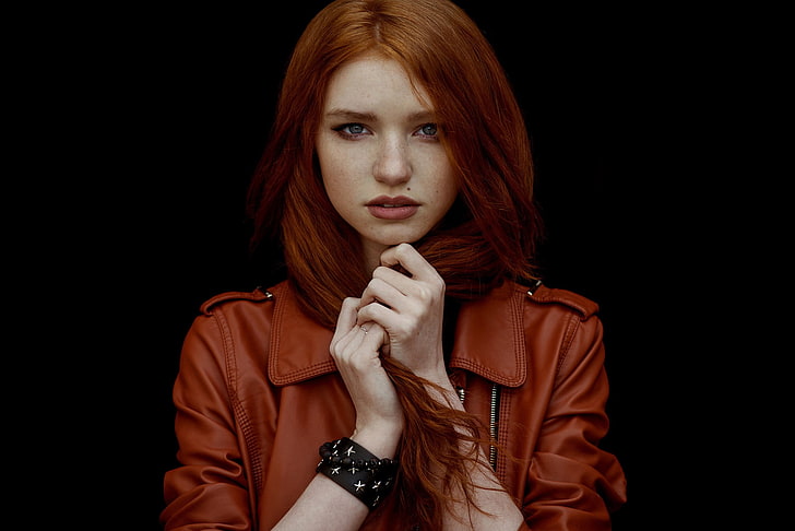 women, redhead, face, blue eyes, jacket, leather jackets, portrait
