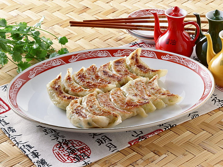 fried dumplings, chinese cuisine, pelmeni, hot, plate, sticks, HD wallpaper