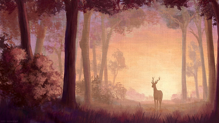 forest, nature, paint, deer, canvas, print, HD wallpaper