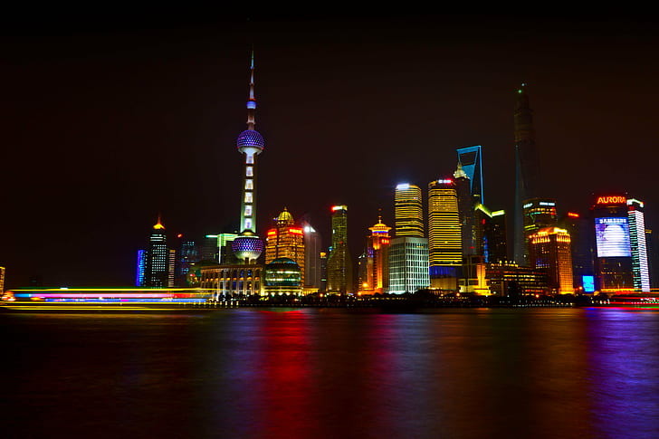 Oriental Pearl Tower, Shanghai at night, pudong, pudong, Cityscape, HD wallpaper