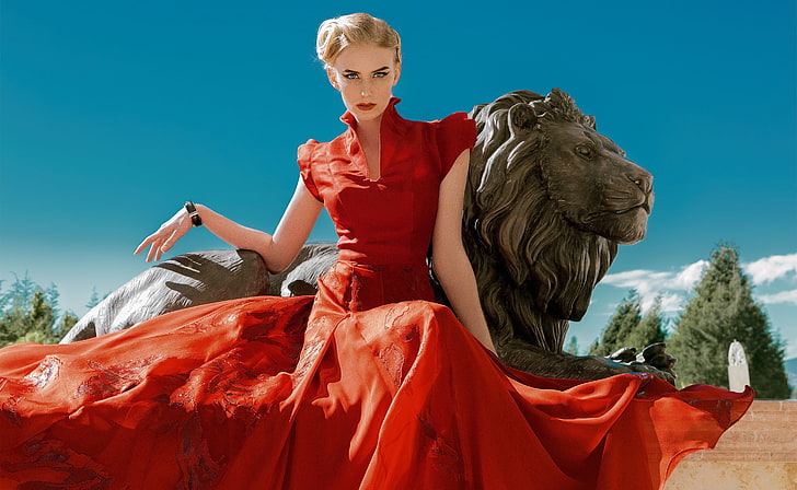A Woman in a Red Dress, Lion Statue, Girls, Beautiful, People, HD wallpaper