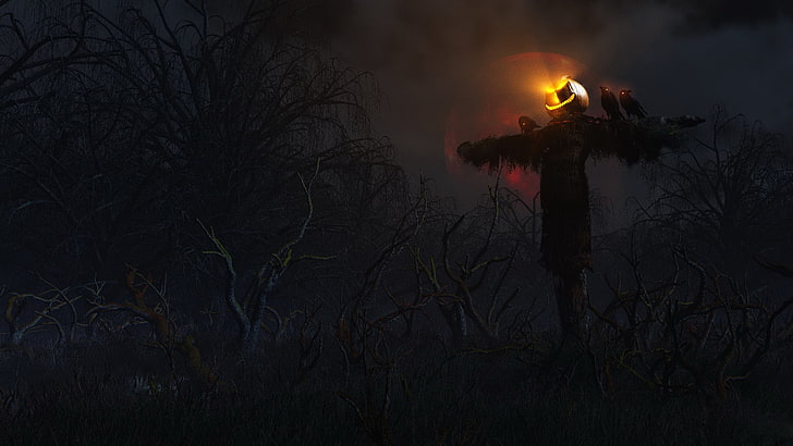 scarecrow illustration, forest, trees, night, rendering, the moon