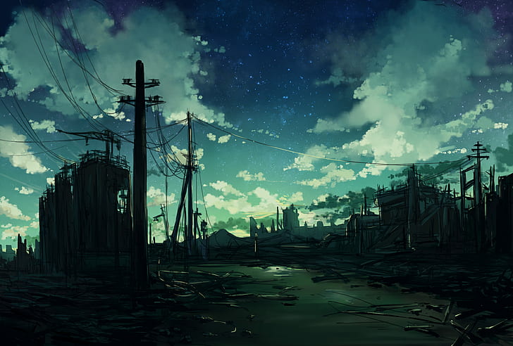 anime, ruin, dark, sky, stars, clouds