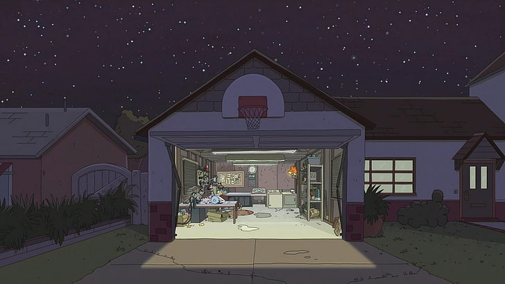 white and brown garage illustration, fan art, landscape, Rick and Morty