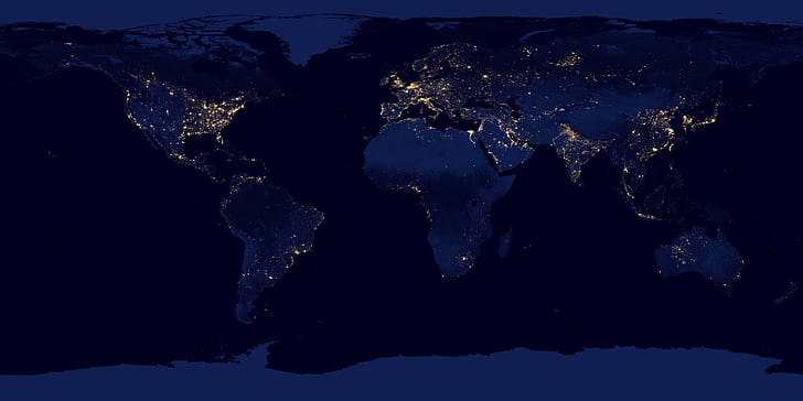 Earth, continents, satellite photo, night, city lights