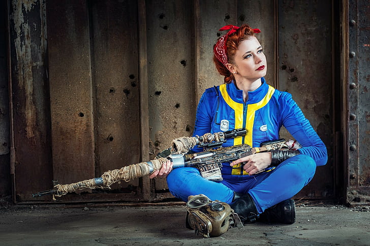 video games, rifles, cosplay, Fallout, redhead, blue eyes, sniper rifle