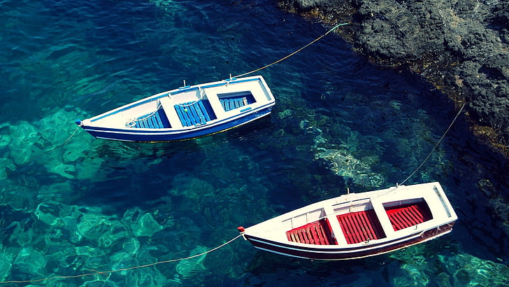 two red and blue dinghy boats near gray rock, coast, rocks, sea, HD wallpaper