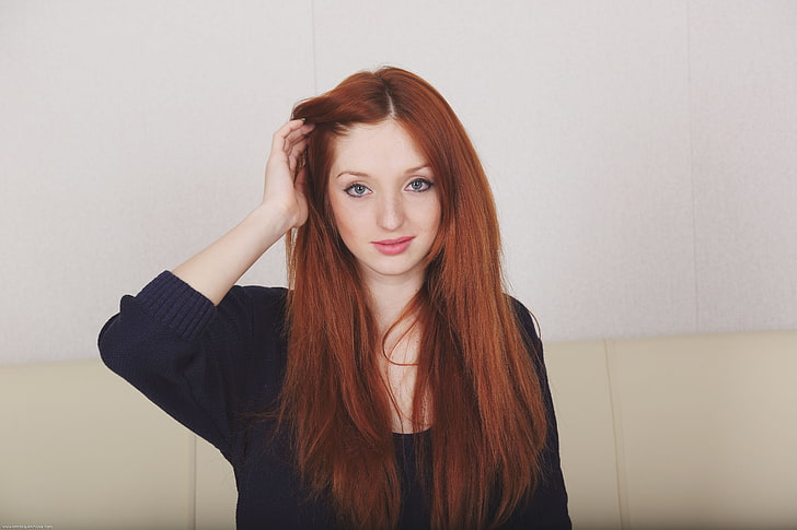women's black long-sleeved top, redhead, face, hands in hair, HD wallpaper
